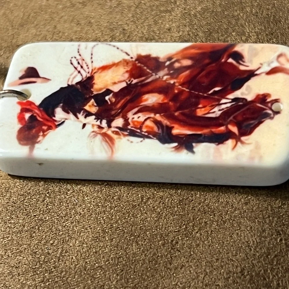 Leather Cord Necklace Pendant with Red Brown Cowboy Artwork